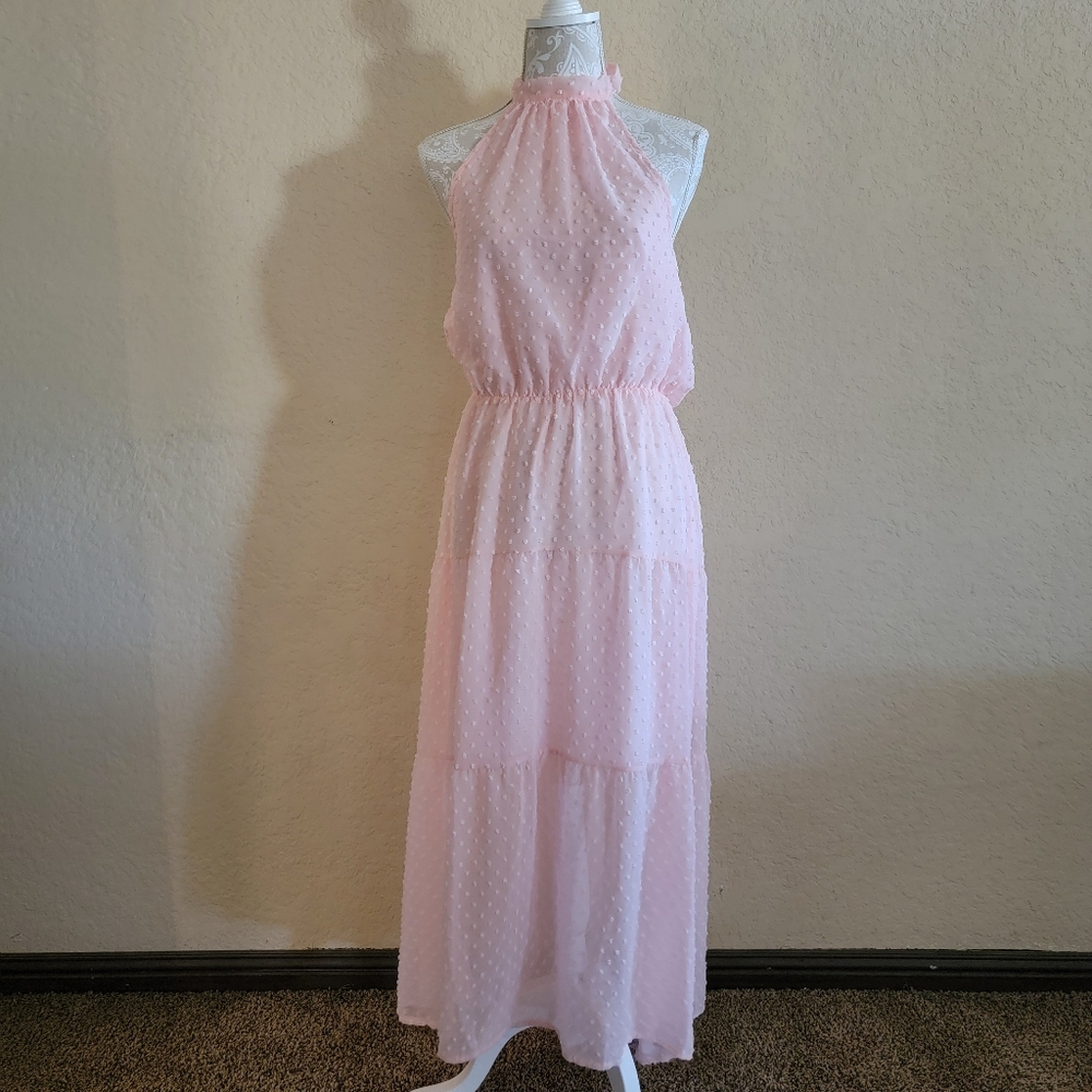 Women's Peach Swiss Dot Halter Neck Belted Maxi Dress Sz L
